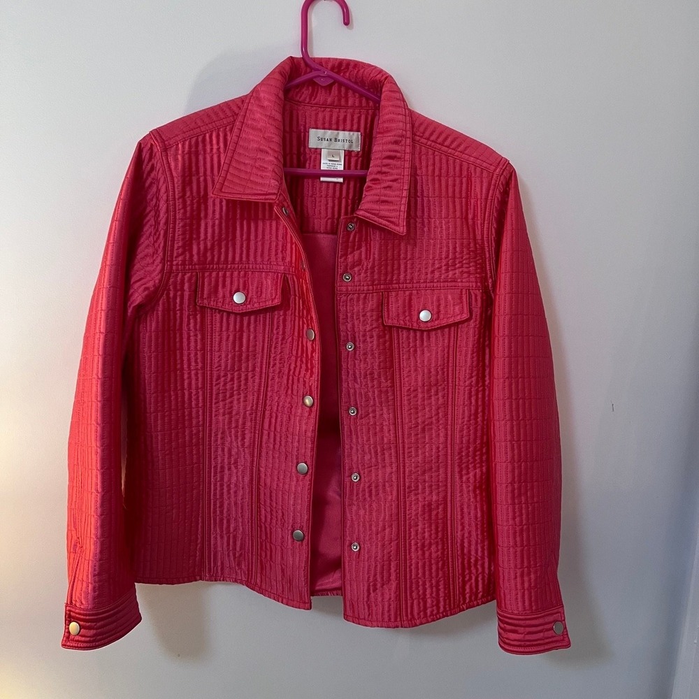 Susan Bristol Women's L Quilted Snap Front Shirt Jacket Fuchsia Pink Ribbed Coat